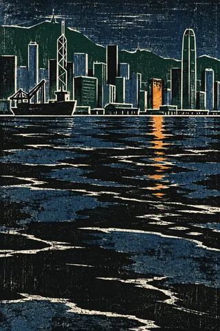 A harbour city seen from the water as blocks of color in black, charcoal, navy, gray; portrait artwork.