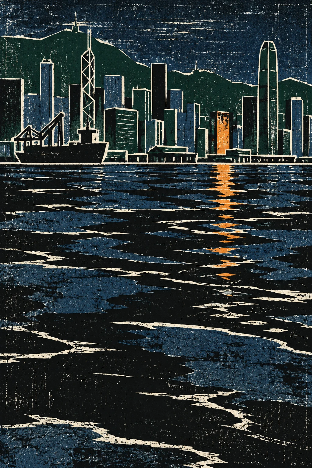 A harbour city seen from the water as blocks of color in black, charcoal, navy, gray; portrait artwork.