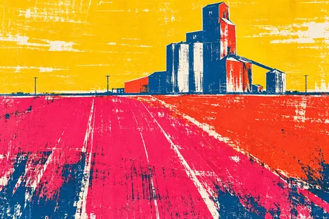 A grain elevator on a flat horizon in red, yellow, purple, gray; landscape artwork.