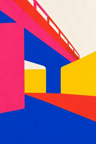 A concrete underpass in flat planes in red, navy, white, yellow; portrait artwork.