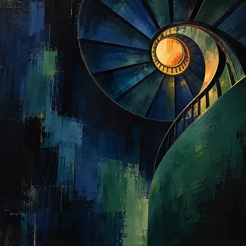 A spiral stair seen from directly below in black, navy, olive; square artwork.