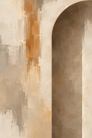 An arched doorway in a thick wall in cream, sand, sage, brown; portrait artwork.