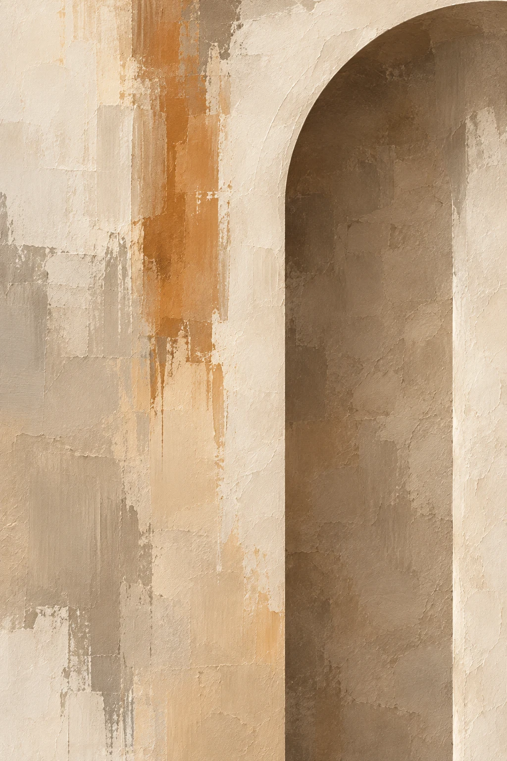 An arched doorway in a thick wall in cream, sand, sage, brown; portrait artwork.