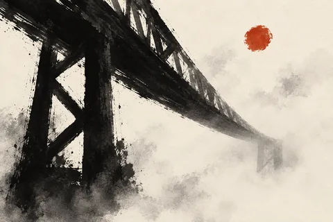 A steel bridge span disappearing into fog in cream, black, brown, stone; landscape artwork.