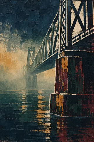 A steel bridge span disappearing into fog in black, taupe, forest green, sand; portrait artwork.