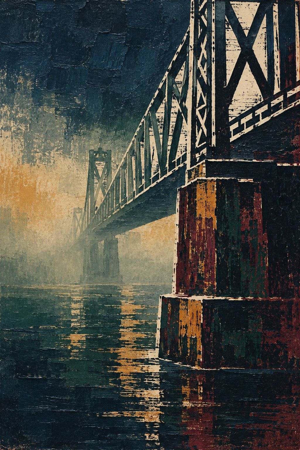 A steel bridge span disappearing into fog in black, taupe, forest green, sand; portrait artwork.