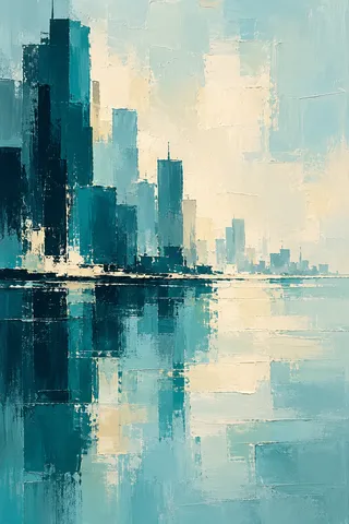 A skyline reduced to flat tonal blocks in cream, sky blue, navy, teal; portrait artwork.