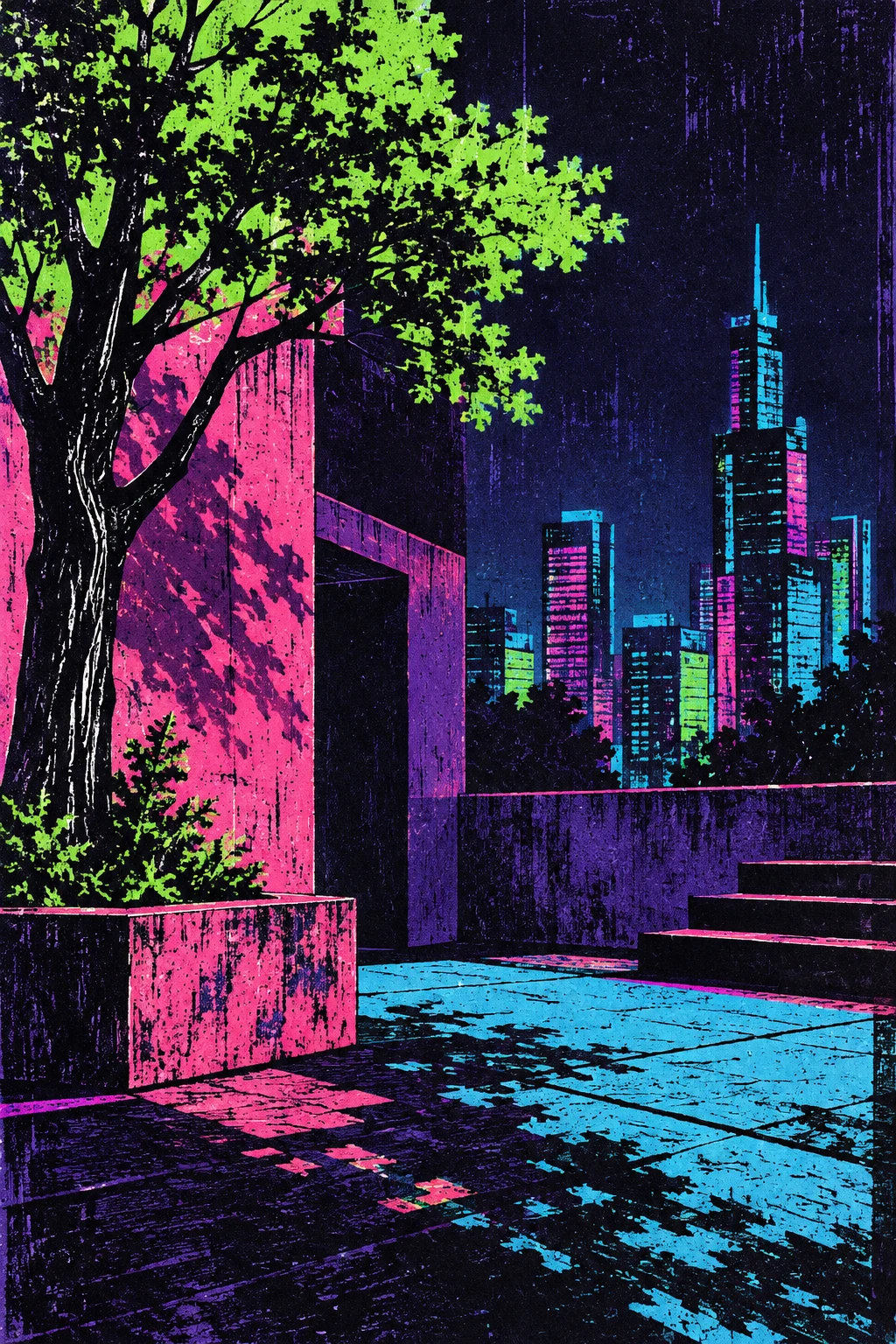 A courtyard with a single tree in black, purple, navy, sage; portrait artwork.