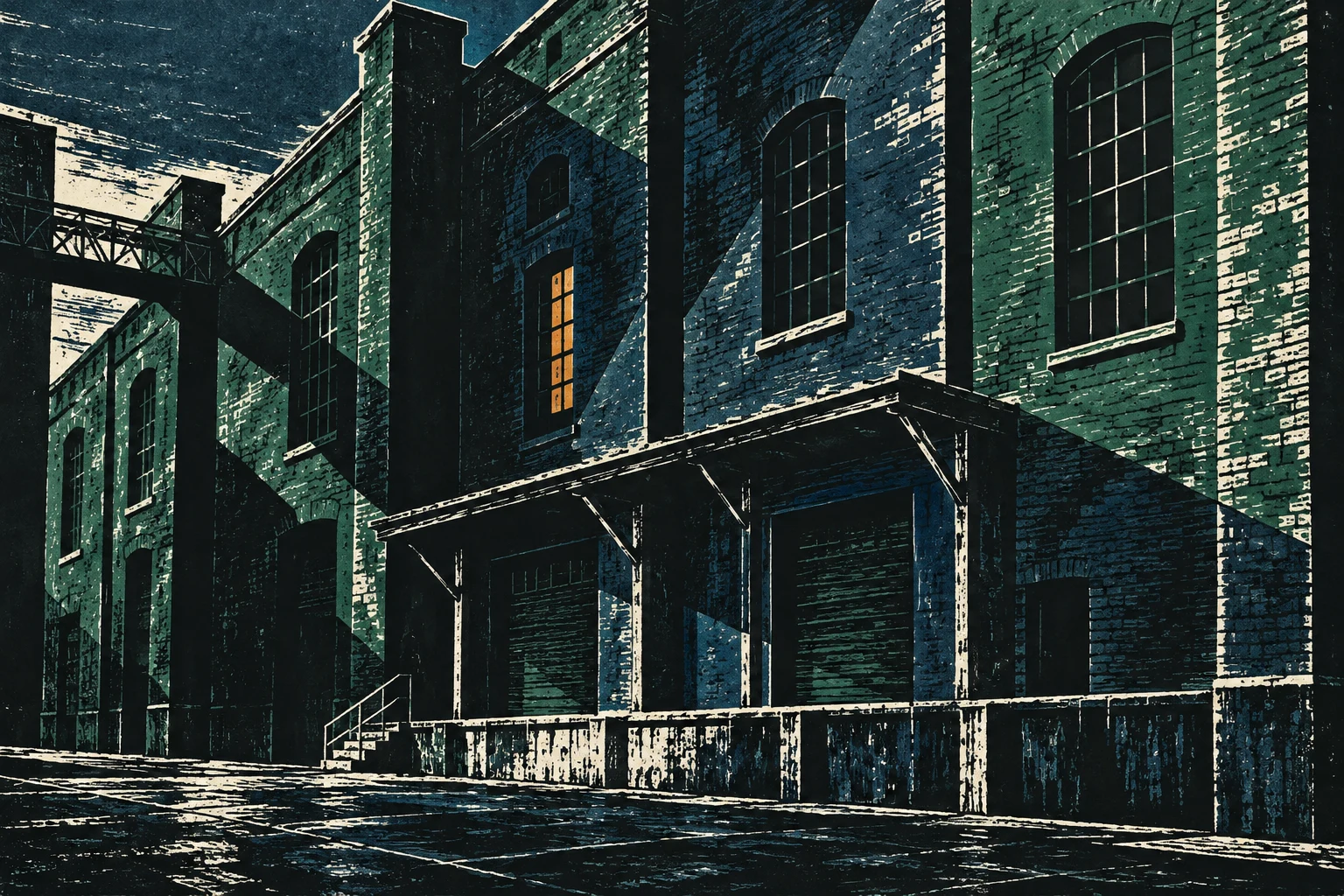 A wall of brick warehouses in raking light in black, charcoal, navy, gray; landscape artwork.