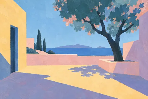 A courtyard with a single tree in cream, gray, sky blue, teal; landscape artwork.