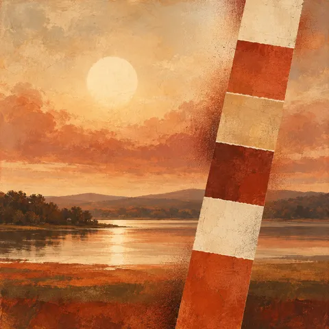 A ladder of pasted strips leaning across the field in terracotta, burgundy, sand, blush; square artwork.