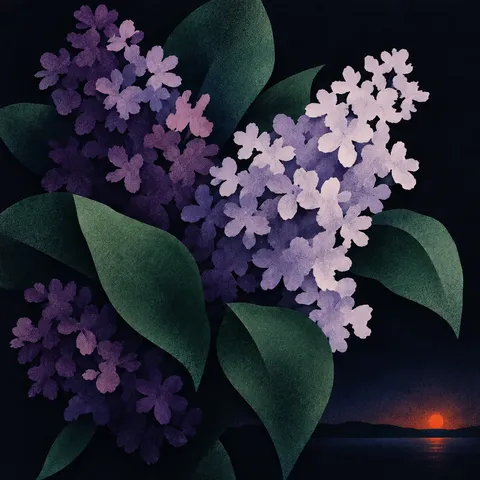 A bouquet of cut paper shapes with no stems in black, lavender, charcoal, navy; square artwork.