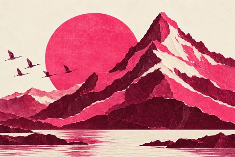 A mountain made of layered paper bands in pink, burgundy, cream, white; landscape artwork.
