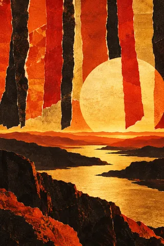 A curtain of hanging torn strips in black, red, yellow, orange; portrait artwork.