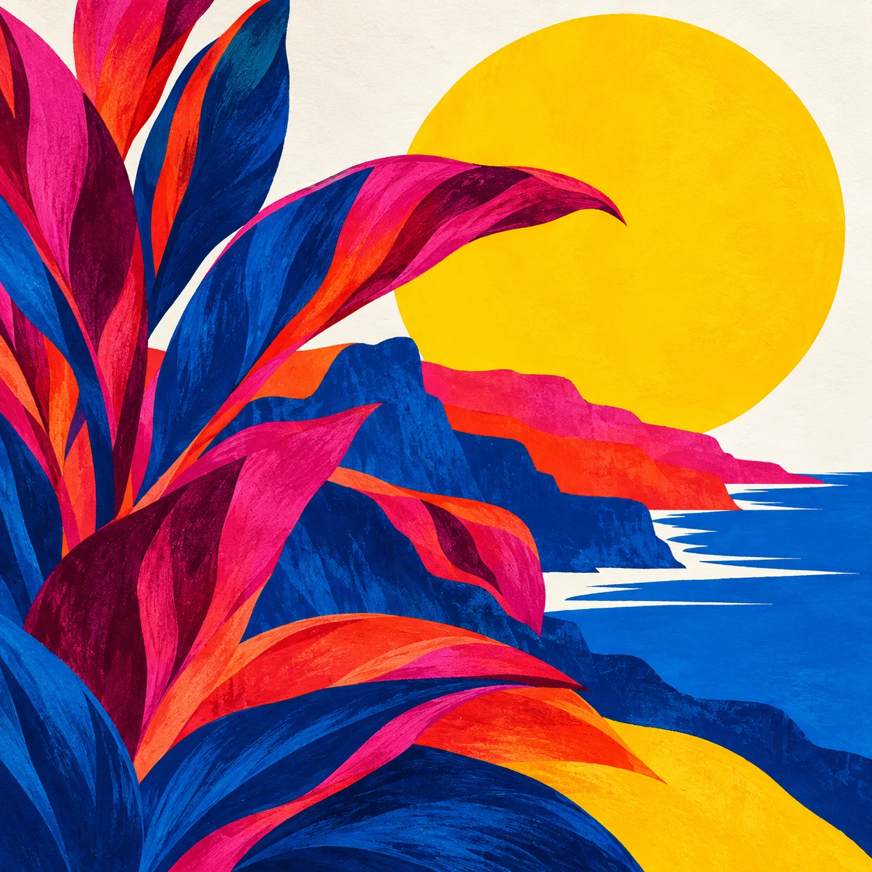 A horizon of pasted strata in red, navy, yellow, cream; square artwork.