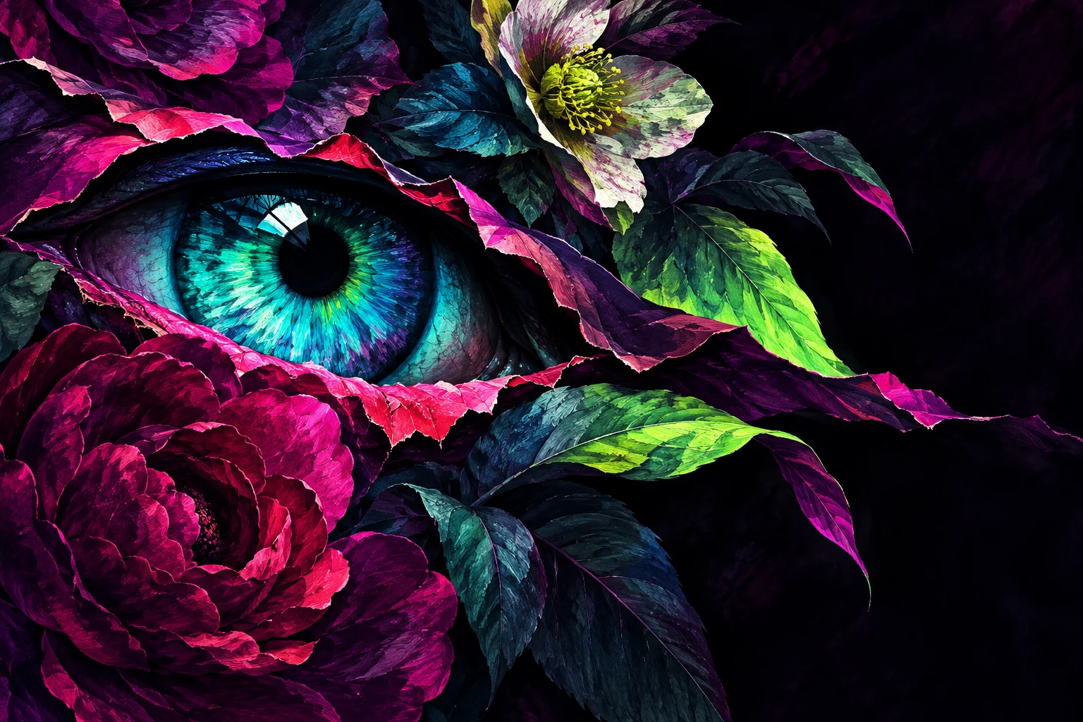 An eye-shaped opening in a torn field in black, burgundy, olive; landscape artwork.