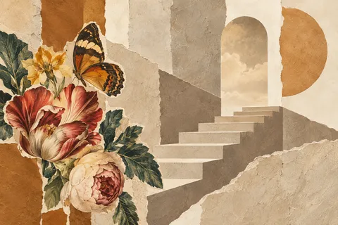 A staircase of pasted rectangles going nowhere in sand, stone, taupe, terracotta; landscape artwork.
