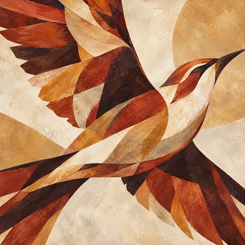 A bird shape assembled from angular cut pieces in cream, rust, blush, burgundy; square artwork.
