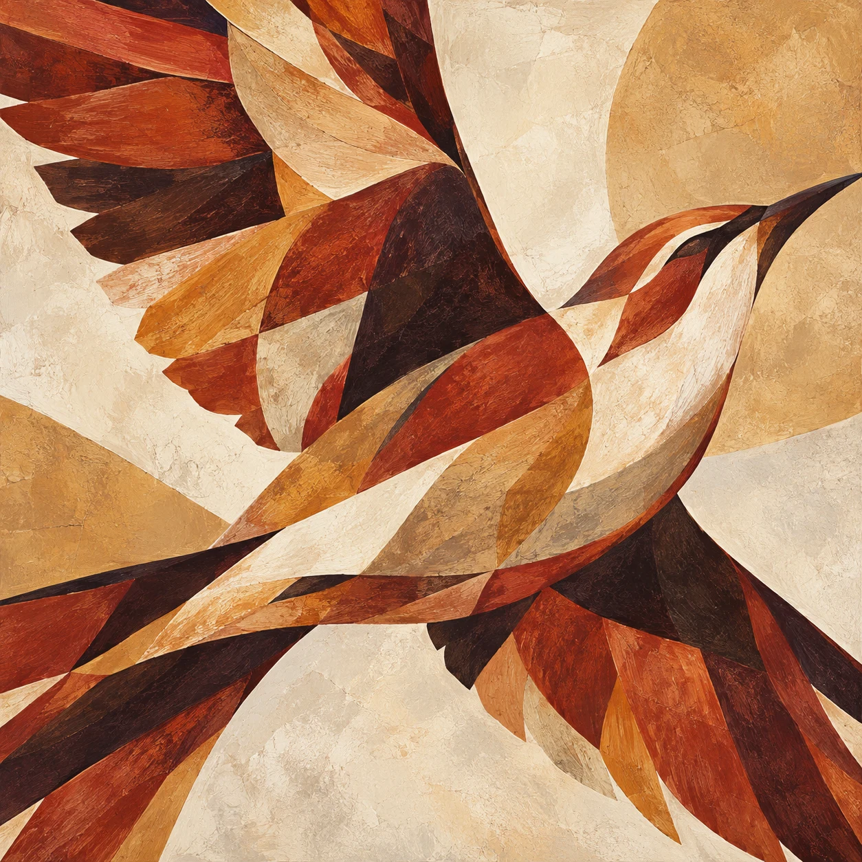 A bird shape assembled from angular cut pieces in cream, rust, blush, burgundy; square artwork.