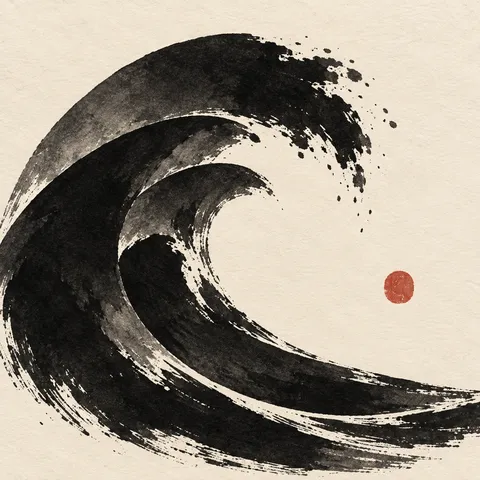 A wave made of overlapping cut arcs in cream, black, charcoal, taupe; square artwork.