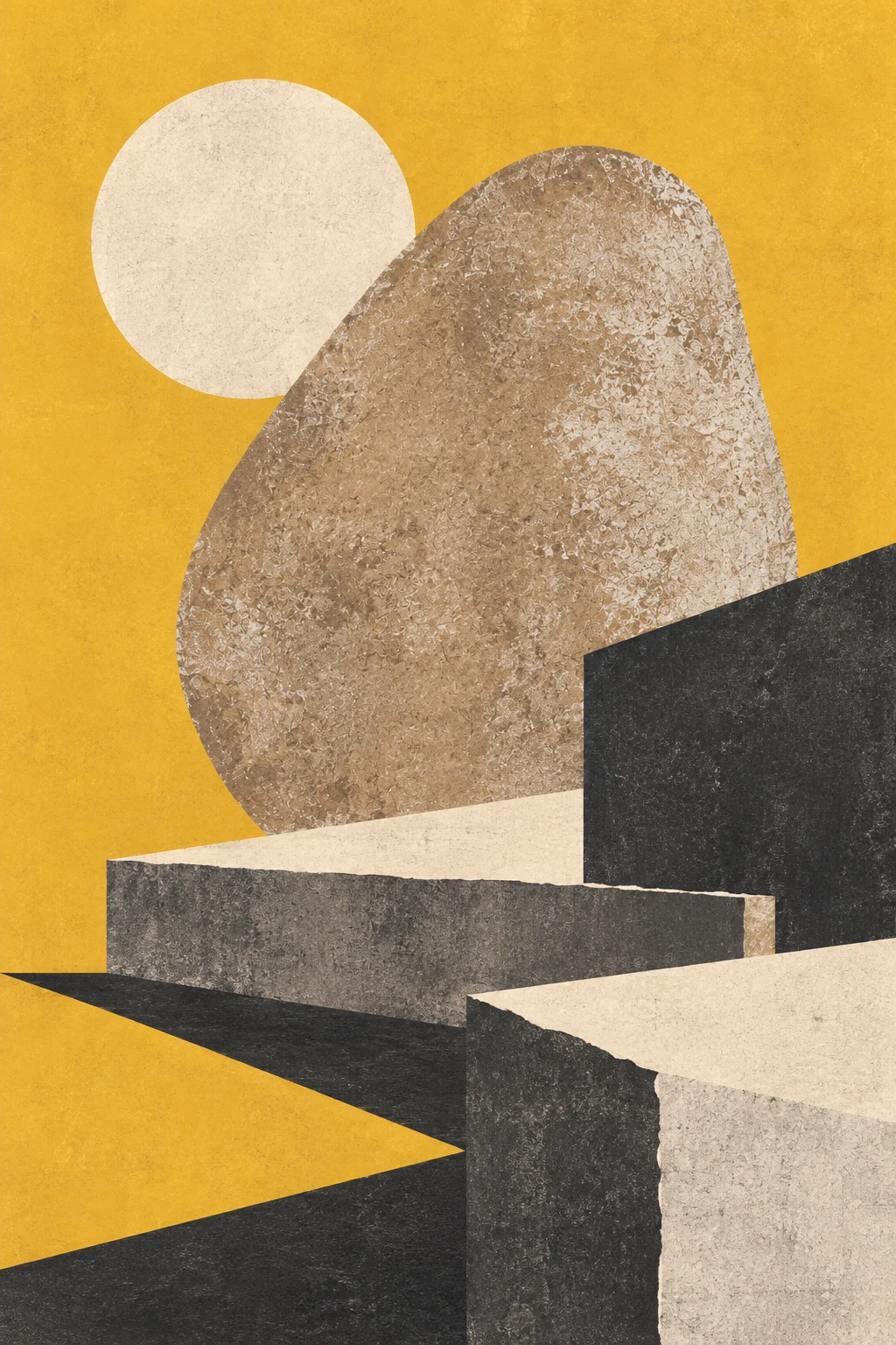 A stack of cut geometric planes casting hard shadows in yellow, charcoal, cream, sand; portrait artwork.