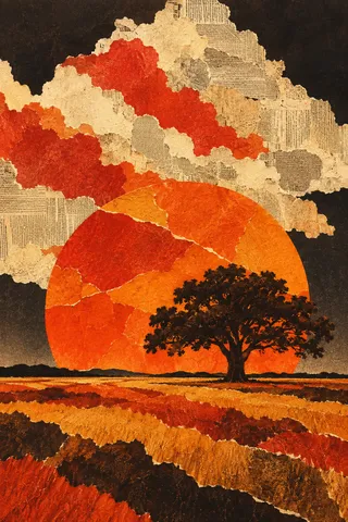 A cloud built from torn newsprint tones in black, orange, red, sand; portrait artwork.