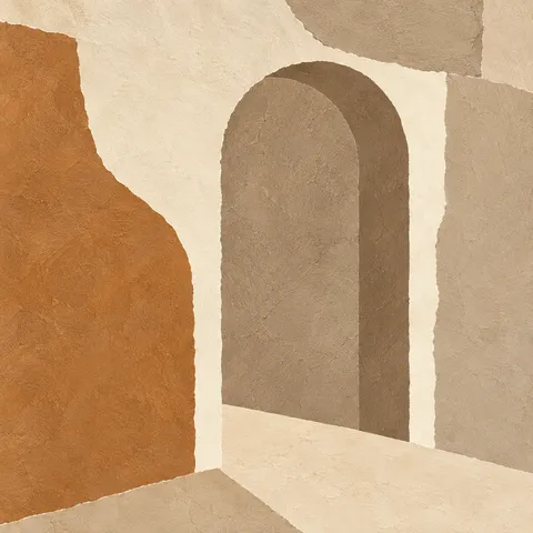 A doorway of stacked cut blocks in ochre, cream, sand, sage; square artwork.