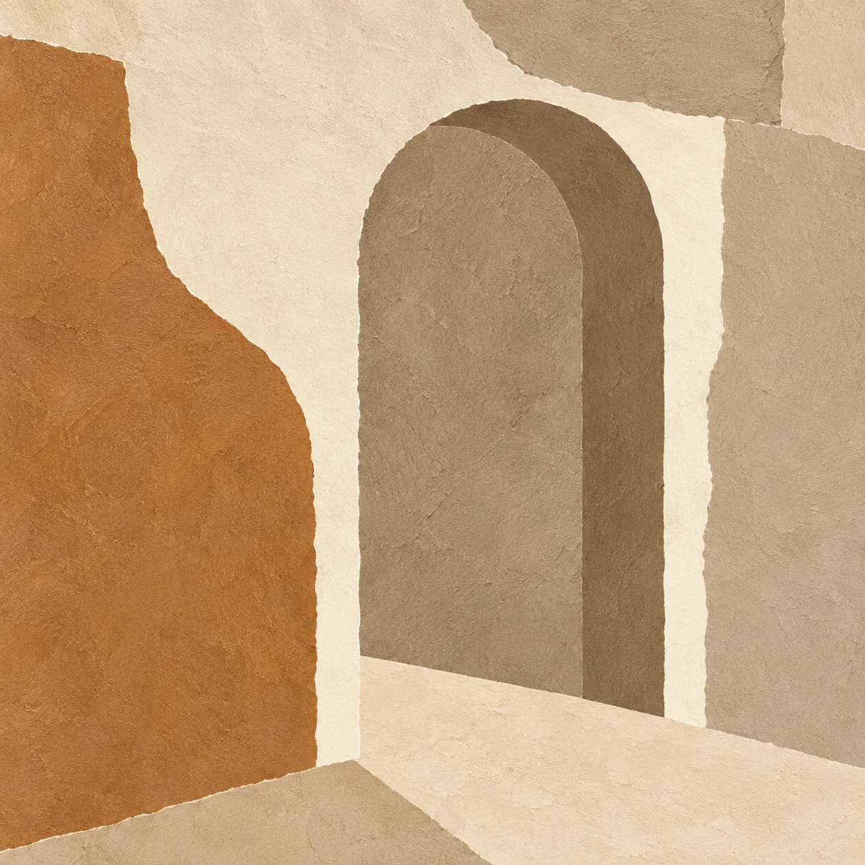 A doorway of stacked cut blocks in ochre, cream, sand, sage; square artwork.