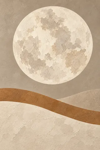 An enormous moon cut from patterned paper in cream, stone, gray, sand; portrait artwork.