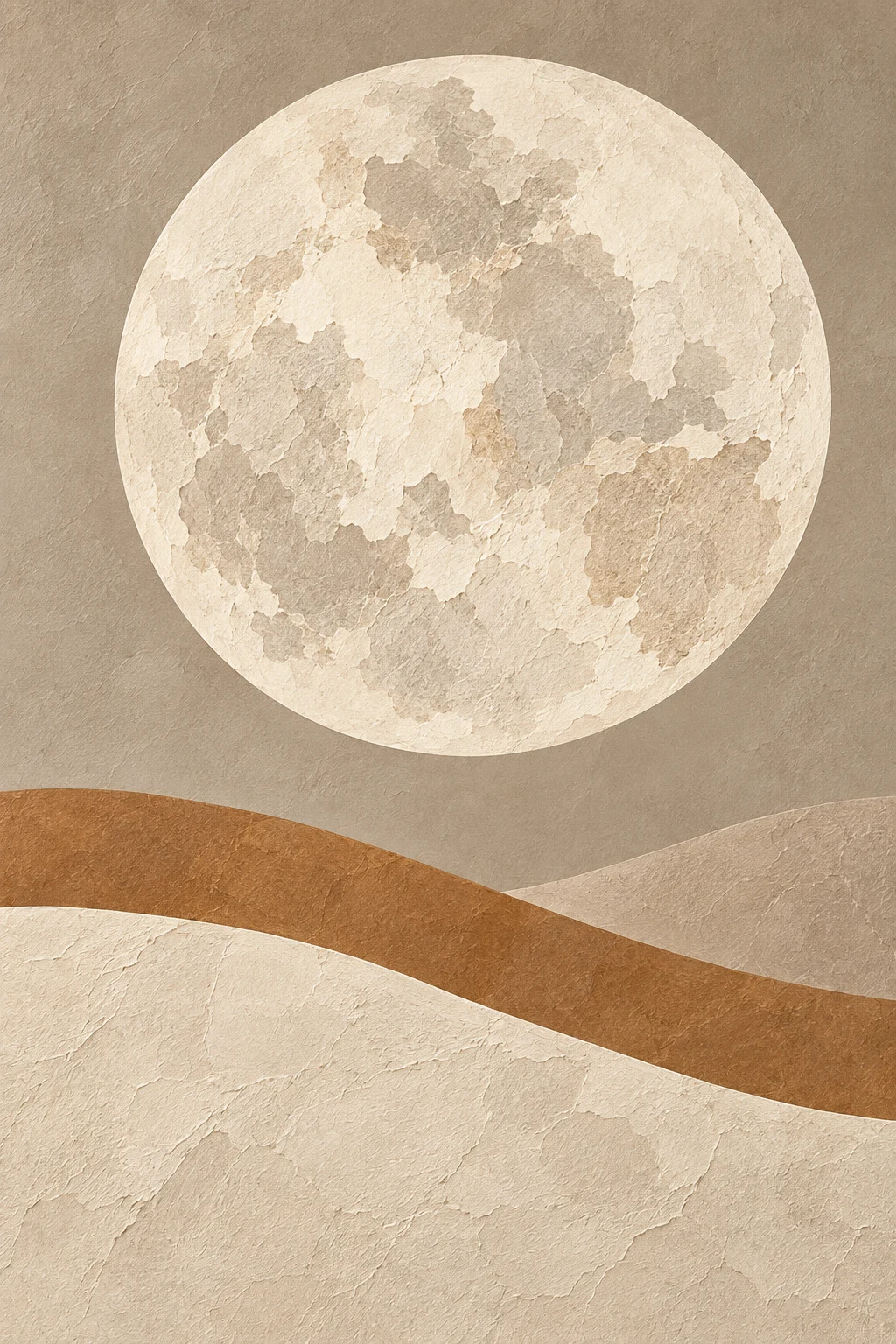 An enormous moon cut from patterned paper in cream, stone, gray, sand; portrait artwork.