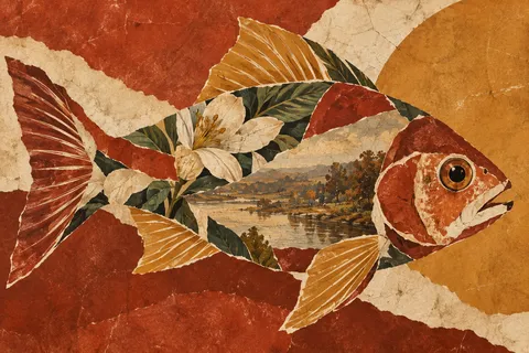 A fish shape cut from three patterns in rust, ochre, sand, red; landscape artwork.