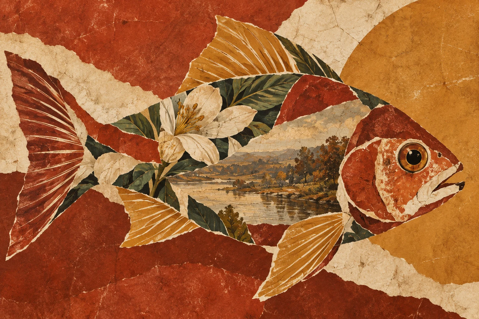 A fish shape cut from three patterns in rust, ochre, sand, red; landscape artwork.