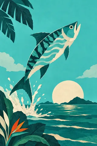A fish shape cut from three patterns in sky blue, navy, teal, cream; portrait artwork.