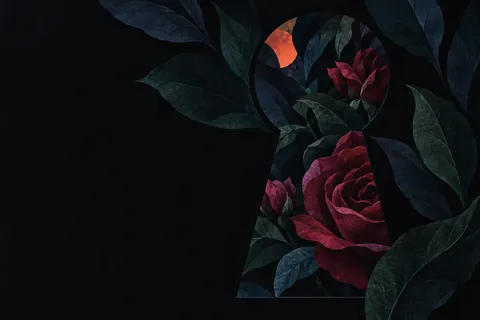 A keyhole of layered fragments in black; landscape artwork.