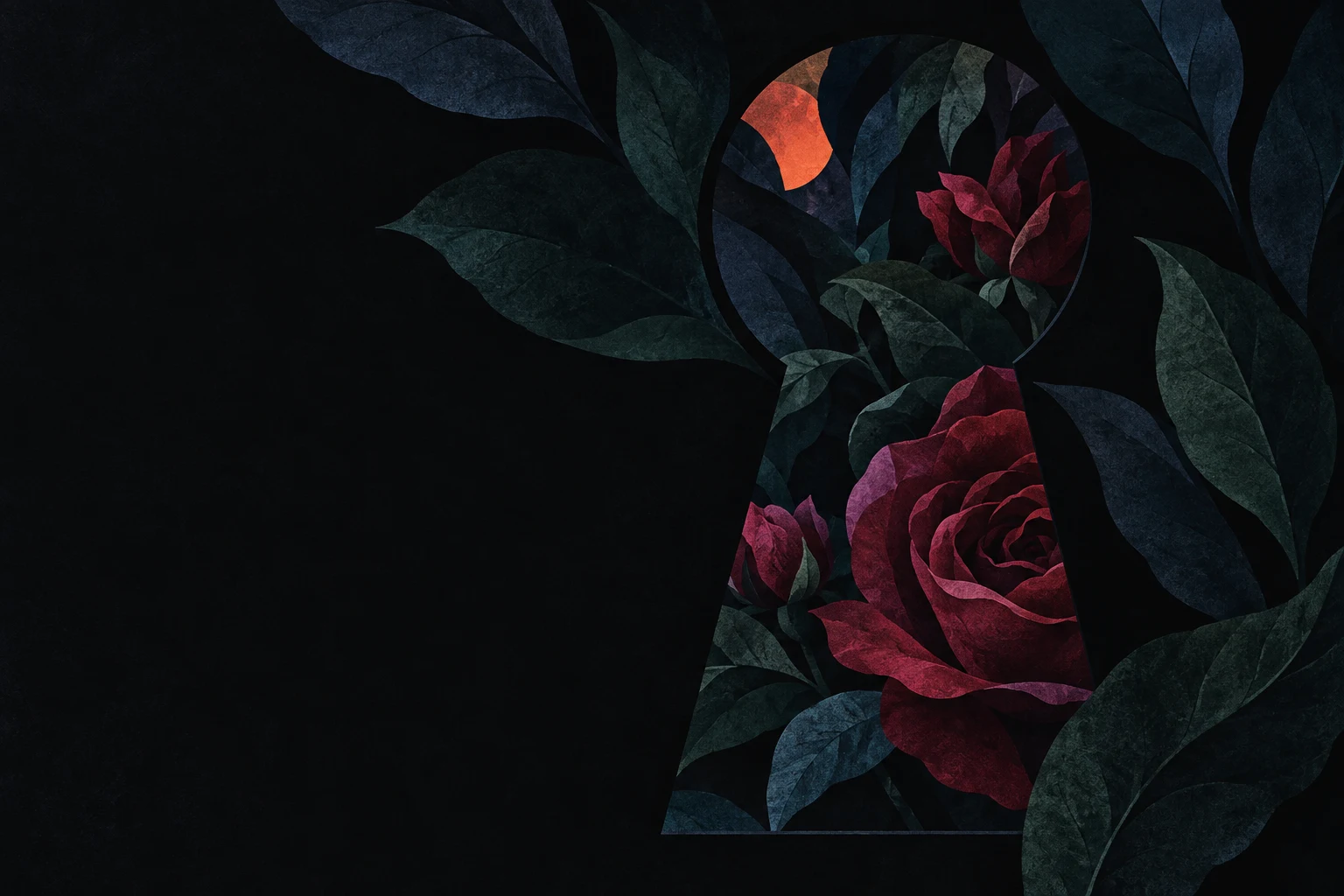 A keyhole of layered fragments in black; landscape artwork.