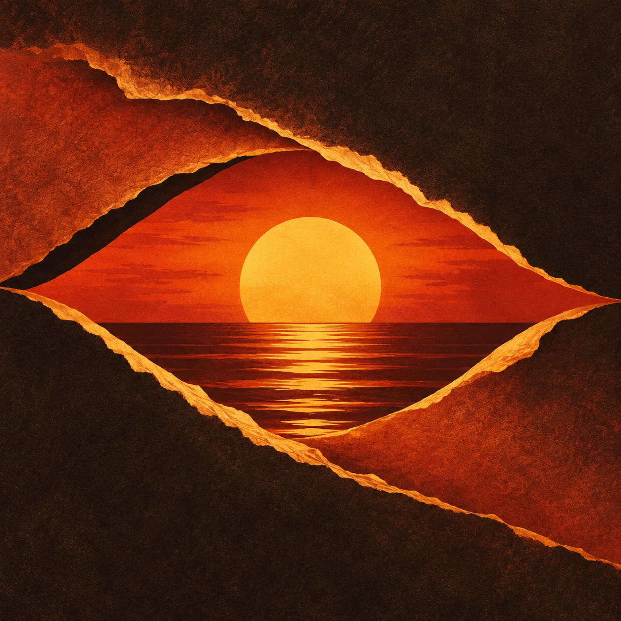 An eye-shaped opening in a torn field in black, rust, red, orange; square artwork.