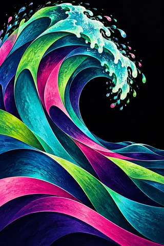A wave made of overlapping cut arcs in black, navy, teal, sky blue; portrait artwork.