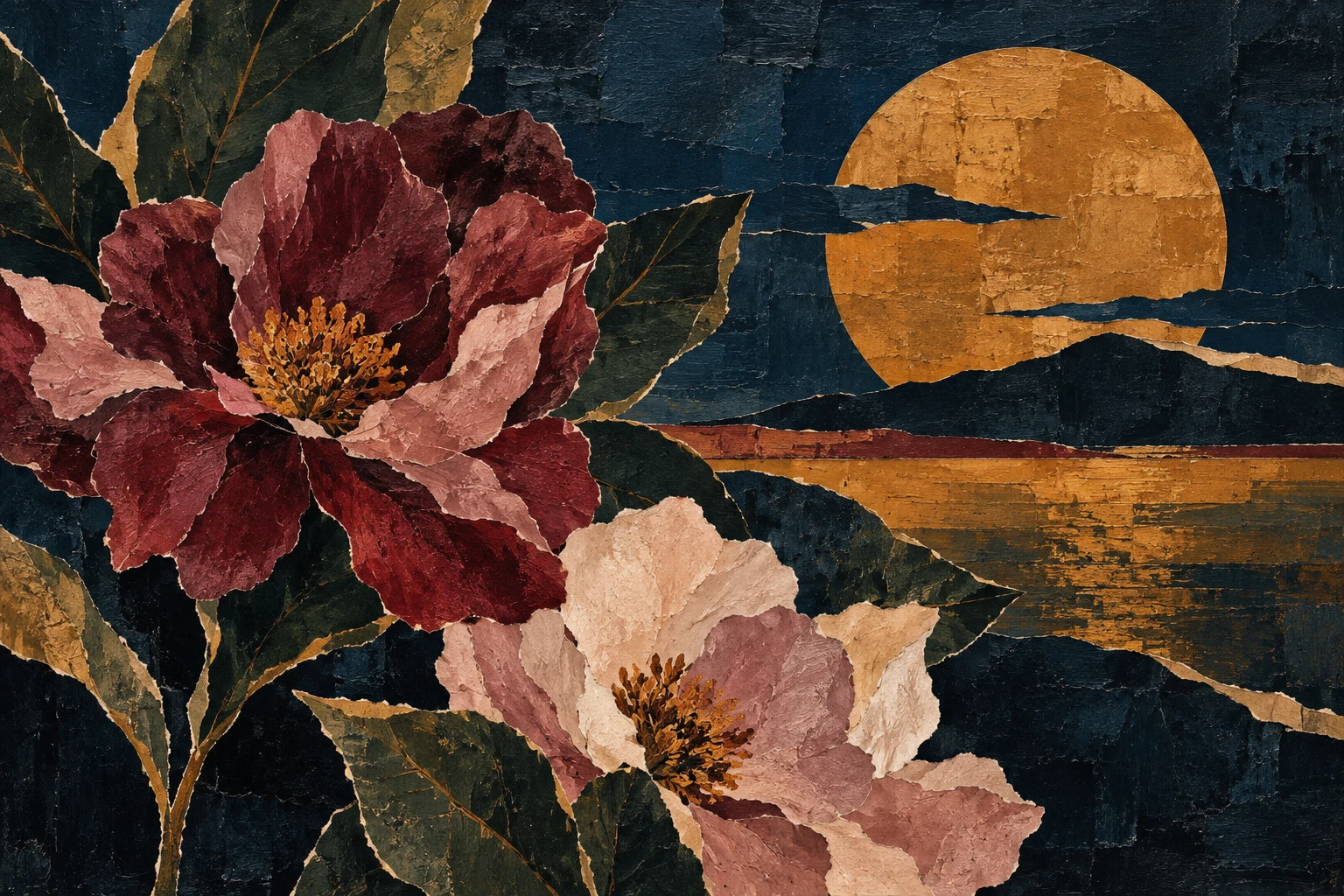 A horizon of pasted strata in black, terracotta, brown, charcoal; landscape artwork.