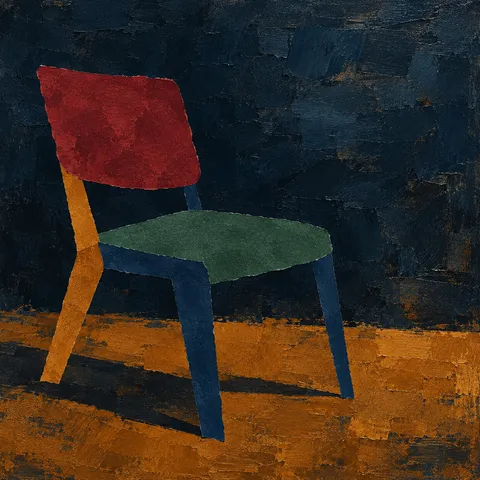 A chair reduced to five cut planes in black, rust, burgundy, charcoal; square artwork.