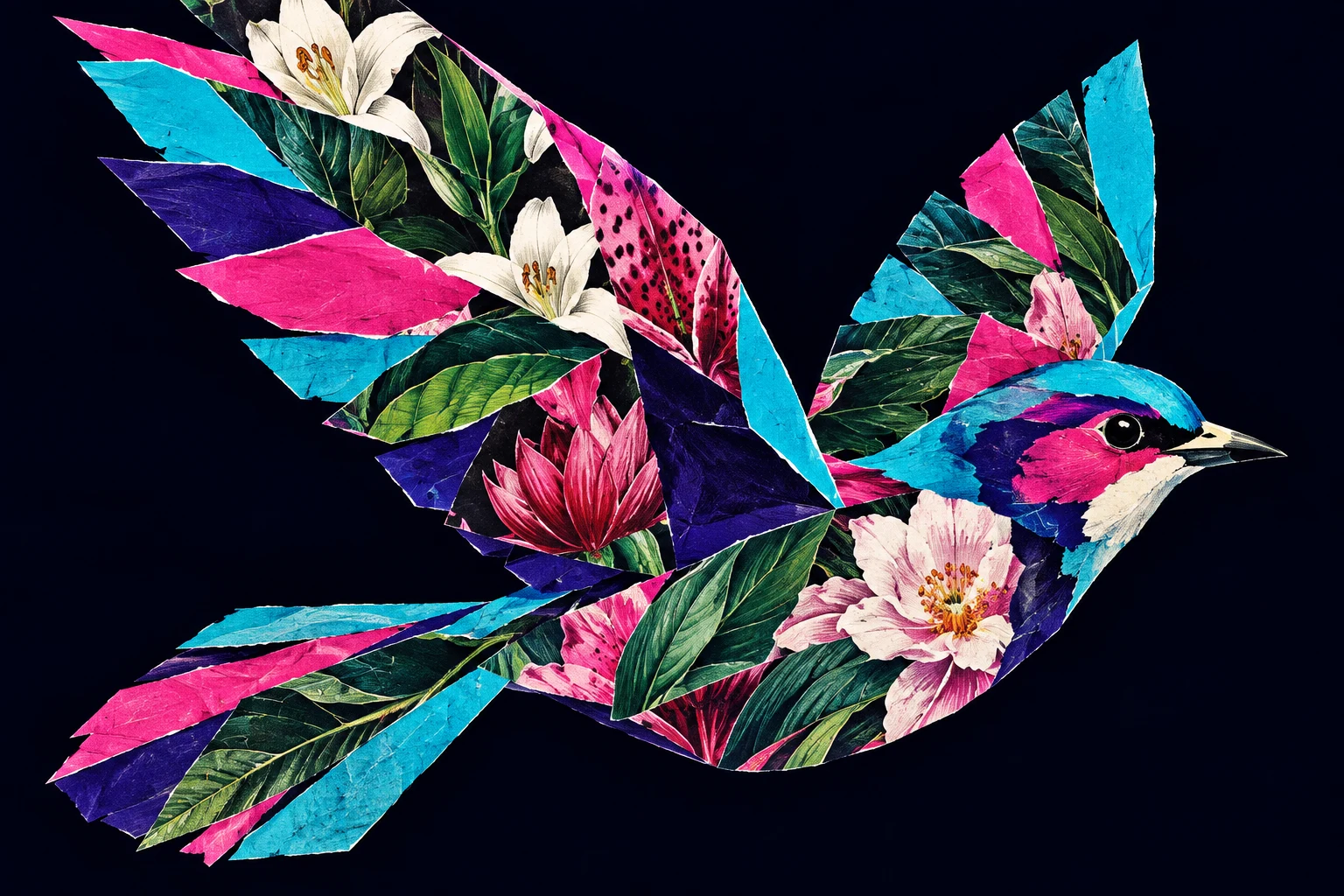 A bird shape assembled from angular cut pieces in black, gray, burgundy; landscape artwork.