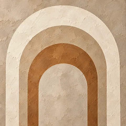An arch of stacked half-circles in sand, cream, terracotta, stone; square artwork.