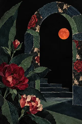 An arch built from mismatched printed papers in black, charcoal, brown; portrait artwork.