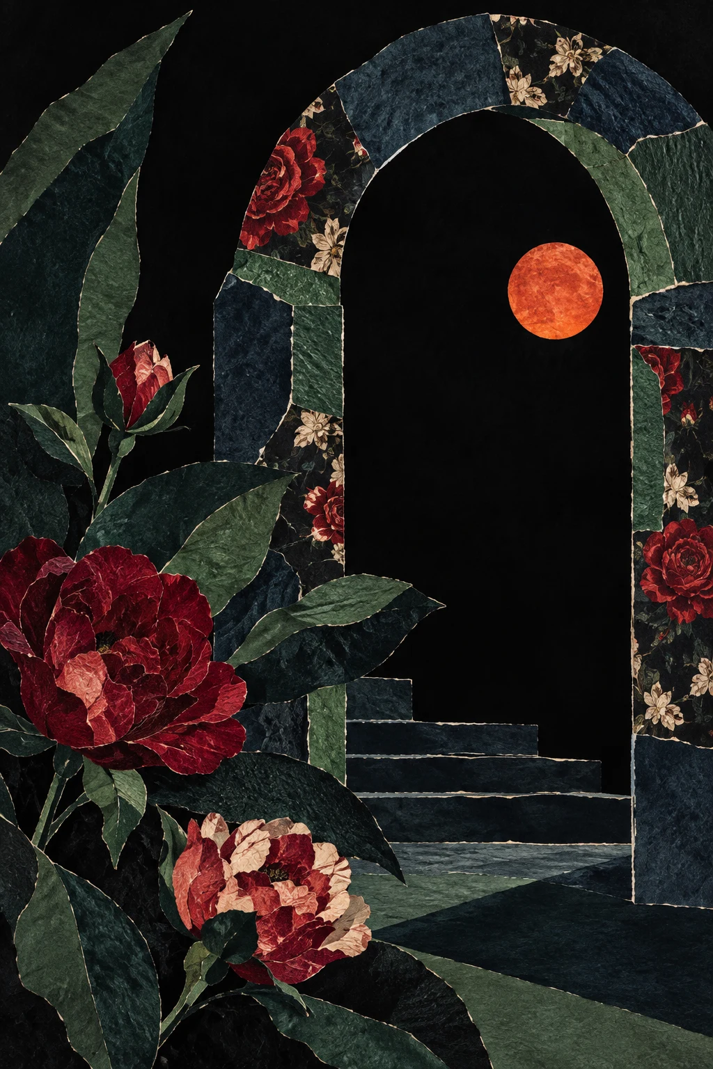 An arch built from mismatched printed papers in black, charcoal, brown; portrait artwork.