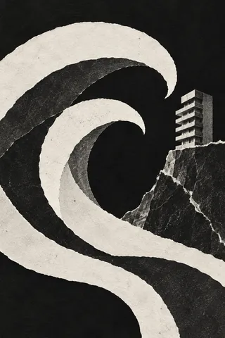 A wave made of overlapping cut arcs in black, cream, charcoal, gray; portrait artwork.