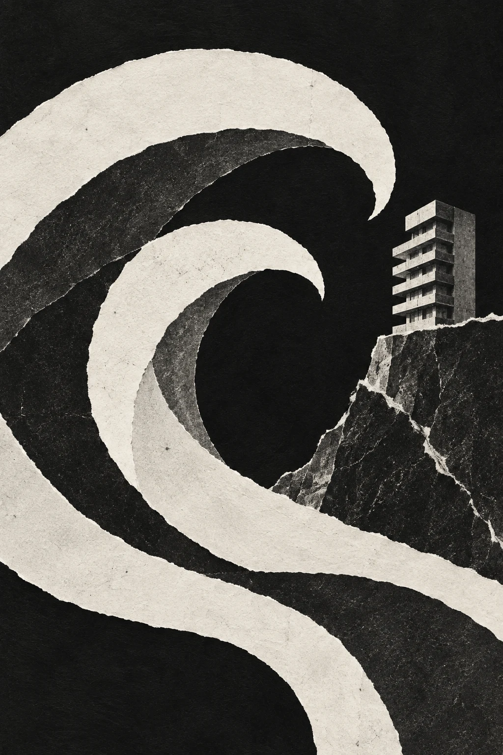 A wave made of overlapping cut arcs in black, cream, charcoal, gray; portrait artwork.