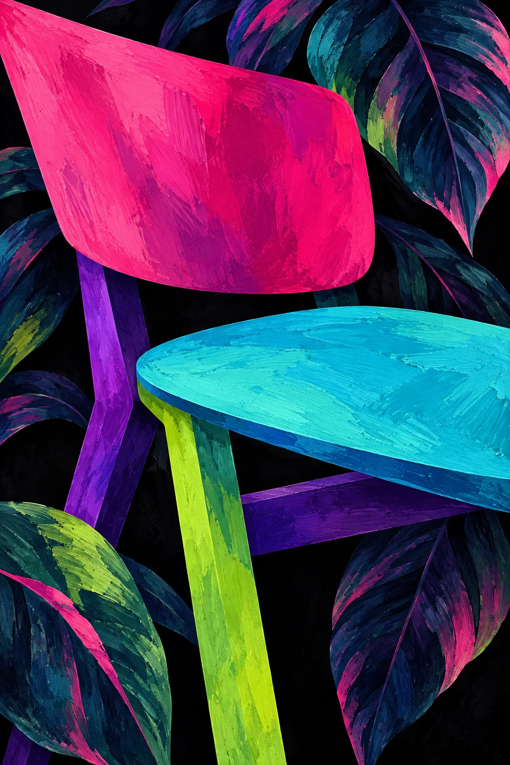A chair reduced to five cut planes in black, red, navy, sky blue; portrait artwork.