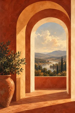 An archway of nested cut arcs in rust, orange, sand, cream; portrait artwork.