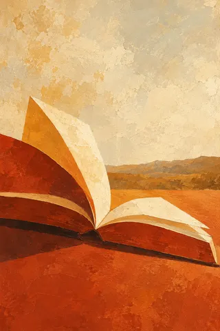 An open book of abstract cut shapes in red, cream, stone, orange; portrait artwork.