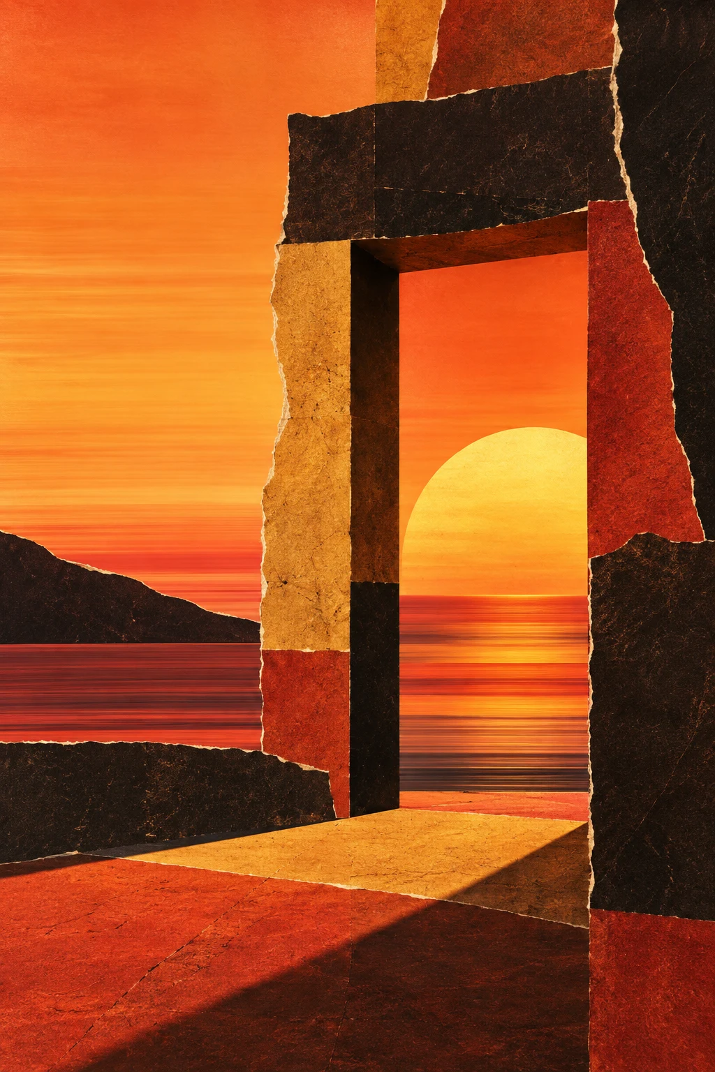 A doorway of stacked cut blocks in orange, black, red, yellow; portrait artwork.