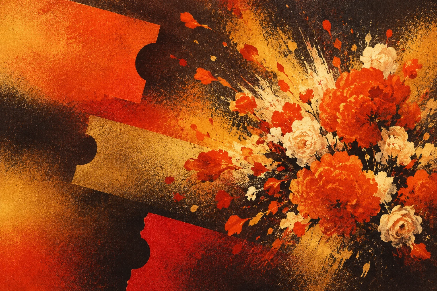 Torn ticket-stub shapes in a loose drift in burgundy, red, orange, black; landscape artwork.